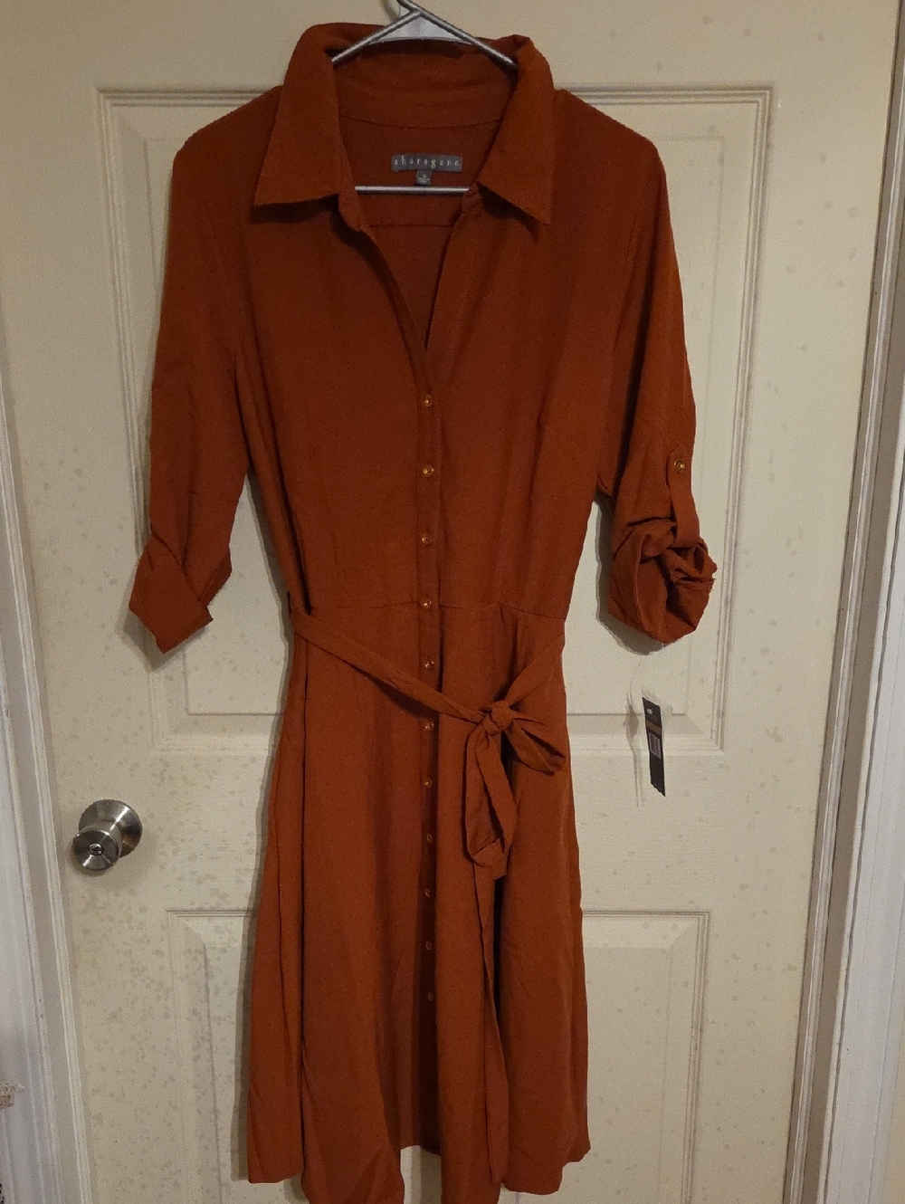 Sharagano Rust Button-Front Midi Shirt Dress with Self-Tie Waist